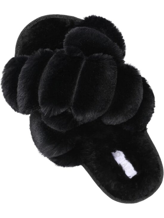 Shoes - Women's Black Twist Fuzzy Fluffy House Criss Cross Furry Open Toe Slipper Shoes
